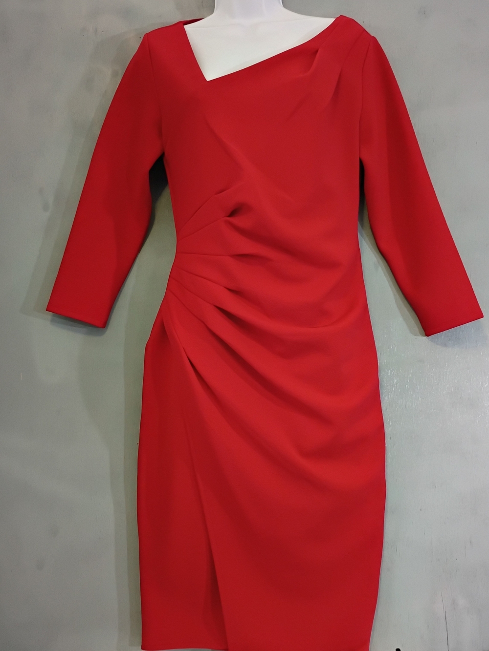 New York & Company Red Asymmetric Ruched Midi Dress